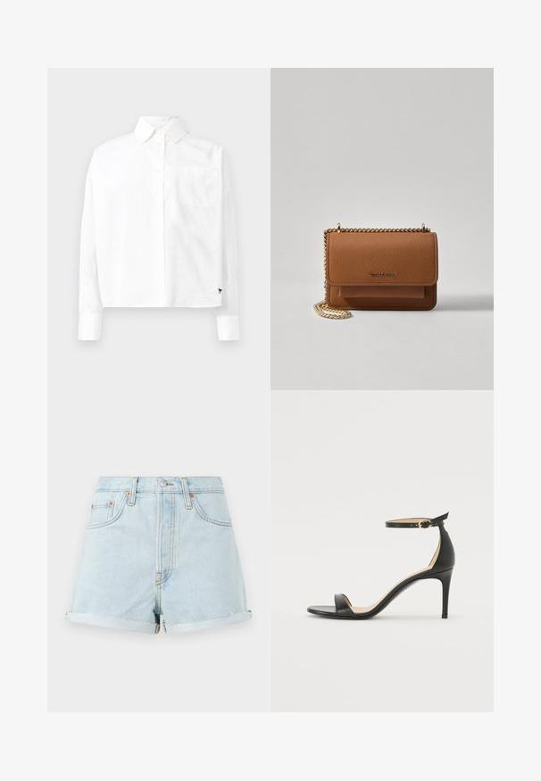 Camicia bianca a maniche lunghe con colletto a punta, taschino sul petto e maniche con polsino. Realizzata in tessuto liscia e leggera.; Shorts in denim azzurro chiaro con vita alta, risvolti, rivetti in rame e zip frontale. Presentano un classico stile a cinque tasche.; Sandal in pelle nera con tacco alto e cinturino alla caviglia. Caratteristiche: texture liscia, punta aperta e tacco sottile. Dettaglio con fibbia tono oro.; Borsa a tracolla in pelle marrone con texture, dotata di catena dorata e chiusura a pattina. Sul davanti presenta un dettaglio con logo e una tasca sotto la pattina.