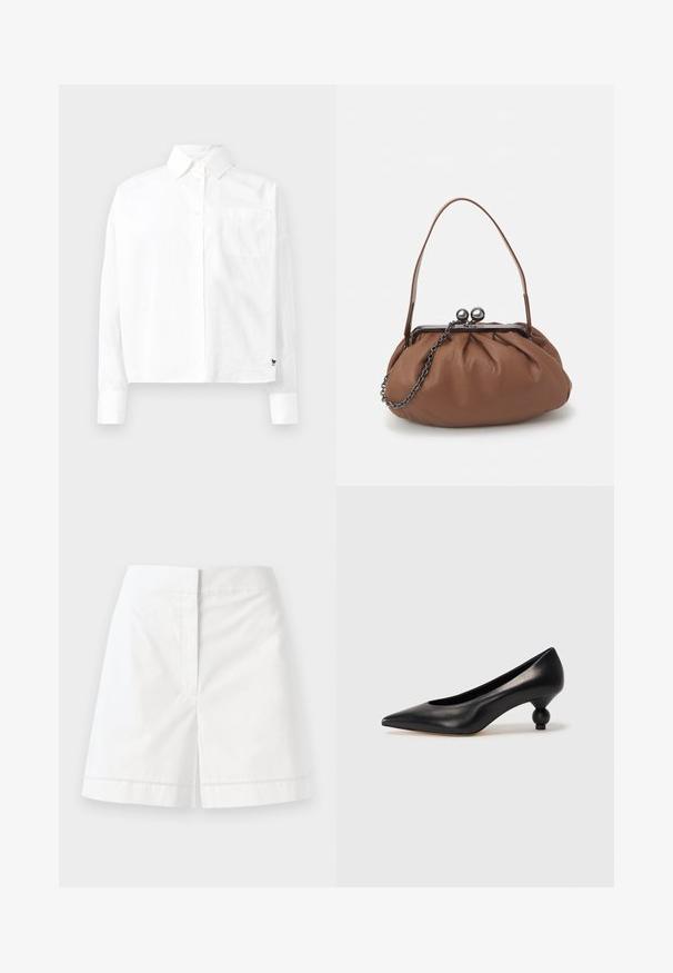 Cămașă albă cu mâneci lungi, cu guler pointat, un singur buzunar pe piept și manșete la încheietură. Fabricată dintr-un material neted și ușor.; Pantaloni scurți din bumbac alb, cu o croială dreaptă, având o textură uniformă, buzunare la spate și o cusătură decorativă pe tiv.; Pantofii cu toc înalt din piele neagră, cu vârf ascuțit și toc rotund, mimos. Textură netedă, cu un design elegant și minimalist.; Geantă de mână din piele maro, cu un design plisat, un mânere scurt din piele și o curea din lanț. Are un închizător din metal argintiu cu două accente rotunde.
