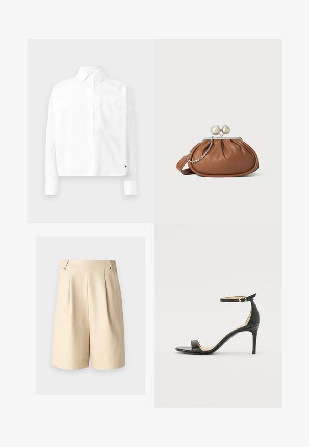 Valkoinen pitkähihaista nappipaitaa, jossa on kärjellinen kaulus, yksi rintatasku ja käänteet hihansuissa. Valmistettu sileästä, kevyestä kankaasta.; Vaaleat pörröshortsit, joissa on sileä pinta, kahdella sivutaskulla ja hopeanvärisillä yksityiskohdilla vyötäröllä.; Musta nahkainen korkokenkä nilkkahihnalla. Sen pinta on sileä, avotoppi ja ohut korko. Kultasävyinen solk yksityiskohtana.; Ruskolehti nahka käärimispuss, jossa on hopeinen pallo-osa ja pieni hopeaketjuvalinta valkoista taustaa vasten.