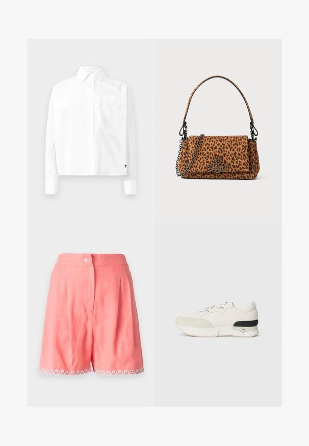 White long-sleeve button-up shirt with a pointed collar, single chest pocket, and cuffed sleeves. Made of smooth, lightweight fabric.; Light pink linen shorts featuring pleats and a scalloped hem with white and blue accent circles. Includes a front button closure.; White sneaker featuring a textured suede toe cap, smooth mesh upper, decorative laces, and a black rubber heel accent.; Leopard print handbag made of suede with a short handle, a chain strap, and a black hardware clasp. Rectangular shape with a flap closure.
