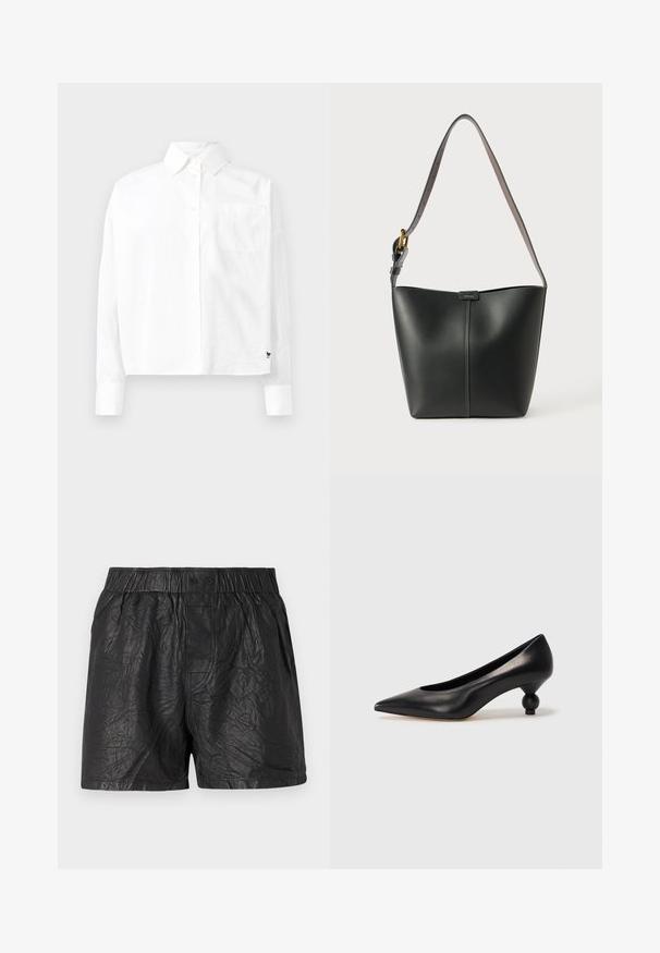 White long-sleeve button-up shirt with a pointed collar, single chest pocket, and cuffed sleeves. Made of smooth, lightweight fabric.; Black shorts made from crinkled material, featuring an elastic waistband with two buttons, knee-length cut, and smooth texture.; Black leather high heel shoe with a pointed toe and a round, balled heel. Smooth texture with a sleek, minimal design.; Black leather shoulder bag with a smooth texture, curved shape, and a single adjustable strap featuring gold hardware and a branded accent.