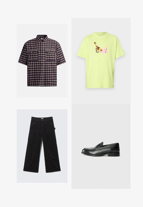 Rövid ujjú kockás ing sötét tengerészkék és bordó színben, kockás mintázattal, két mellzsebbel és gombos elülső résszel.; Lime zöld pamut póló, amelyen egy madár és egy rózsaszín jégkrém-kúp grafikai ábrázolása látható, egyszerű kerek nyakkal és rövid ujjakkal.; Fekete, bőszárú kordnadrág nagy elülső zsebekkel és övhurkokkal, gombos és cipzáras záródással.; Fekete bőr mokaszinok sima felülettel, varrott részletekkel a lábfej részen és kissé megemelt sarokkal.