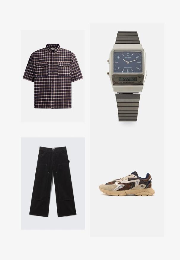 Kortærmet ternet skjorte i mørk navy og burgundy, med et ternet mønster, to brystlommer og knaplukning foran.; Sorte bredbens corduroy bukser med store forlommer og bæltestropper, udstyret med knap- og lynlåslukning.; Beige og brune sneakers med strukturerede mesh-paneler, suedette detaljer og gummisål. Har snørebåndsdesign og brandede detaljer.; Casio digitalur med en blå urskive, sølvgehus og lagdelt sort gummirem. Viser tidspunkt og alarmindstillinger. Vandafvisende.