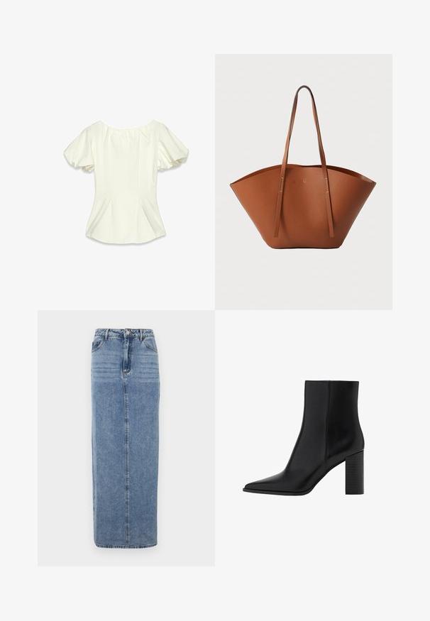 Krämfärgad blus med korta puffärmar, rynkad halsringning och sidofällor, tillverkad i ett slätt tyg med en mjuk struktur.; Ljusblå denimmaxikjol med rak silhuett, femfickorsdesign och synlig sömnad längs sömmarna.; Svart läderankelboot med spetsig tå, fyrkantig klack, slät yta och sömnadsdetaljer längs sömmarna. Klacken mäter cirka 8,9 cm.; Brun läder tote-väska med en bred, strukturerad form, tunna handtag och en texturerad yta. Den har en minimalistisk design utan synlig hårdvara.