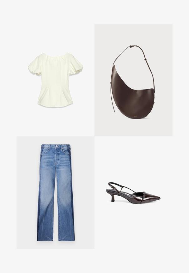 Kermavaale blouse, jossa on lyhyet puffihihat, rypistynyt kaula-aukko ja sivu kohtia, valmistettu sileästä kankaasta, jolla on pehmeä rakenne.; Farkut, joissa on leveä lahjesuunnittelu, kahden sävyn sininen kangas, jossa on erottuvat värialueet, keskitason vyötärö ja perinteinen viiden taskun tyyli.; Bruna kiiltävästä nahasta valmistetut slingback-korkokengät, joissa on terävä kärki, pieni loiva korko, ristiin menevä strap-muotoilu ja koristeellinen sulkki etuosassa.; Ruskea nahkainen käsilaukku, jolla on kaareva muoto, yksinkertainen olkahihna ja minimalistinen muotoilu. Sisältää huomaamattoman logon ja kultaiset yksityiskohdat.