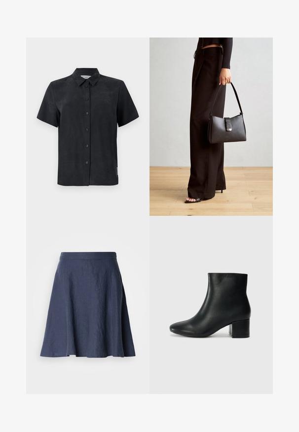 Juoda trumpos rankovės marškinėliai su apykakle, pagaminti iš minkštos medžiagos. Yra penki priekiniai mygtukai ir mažas ženklelis šone.; Tamsiai mėlyna linine sijonas su išsiplėtimu, lengvos tekstūros, vidutinio ilgio, ir siuvinėtomis detalėmis palei siūles.; Juodos odinės aulinės botai su smailiu priekiniu pirštu ir storu kulnu. Lygus tekstūra su minimaliomis detalėmis ir elegantišku, tvirtai priglundančiu dizainu.; Juodas rankinė struktūrizuota forma, lygi tekstūra ir metalinis užsegimas. Suporuota su plačiomis juodomis kelnėmis ir atvirais bateliais ant medinių grindų.