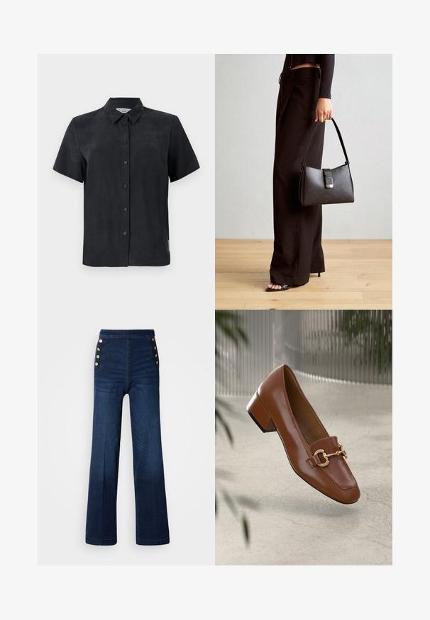Short-sleeved, collared shirt in black, made of soft fabric. Features five front buttons and a small tag on the side.; Dark blue denim wide-leg pants featuring a high waist, gold button accents on the sides, and a smooth texture with subtle fading.; Brown patent leather loafer with square toe, metallic chain accent, and low block heel; smooth texture, minimalist design.; Black handbag with structured shape, smooth texture, and a metallic clasp. Paired with wide black pants and open-toe sandals on wooden floor.