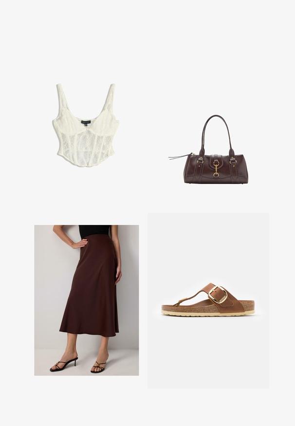 Top corset court en dentelle blanc cassé avec bretelles spaghetti ajustables, présentant des motifs floraux et un design structuré avec un bord festonné.; Jupe en satin marron, arrivant aux genoux, avec une silhouette évasée. Elle présente une texture douce et un design taille haute, associée à des sandales à talons noires.; Des sandales en cuir brun avec une boucle dorée et une semelle en liège ; elles présentent une semelle texturée beige et un design minimaliste.; Sac à main en cuir marron foncé avec deux poignées supérieures, accents en matériel doré, un détail de fermeture à l'avant et des textures cousues sur les côtés.