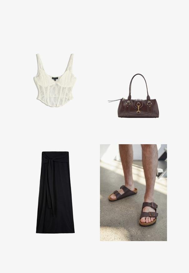 Off-white pitsikoristeinen korsetti yläosa, jossa on säädettävät spaghettihihnat, kukkakuosiset yksityiskohdat ja rakenne, jossa on viilto-ommel.; Musta maksimekko, joka on valmistettu pehmeästä ja joustavasta kankaasta. Siinä on sidottu vyötäröyksityiskohta, valuva siluetti ja nilkkapituisuus.; Ruske nahkake sandals sa kahe reguleeritava klambriga, korkjalats ja tekstuuriga kummitald, kantud paljajalu betoonpinna peal.; Tummanruskea nahkakäsilaukku, jossa on kaksi yläkahvaa, kullanväriset yksityiskohdat, etuosan lukitus ja tikatut tekstuurit sivuilla.