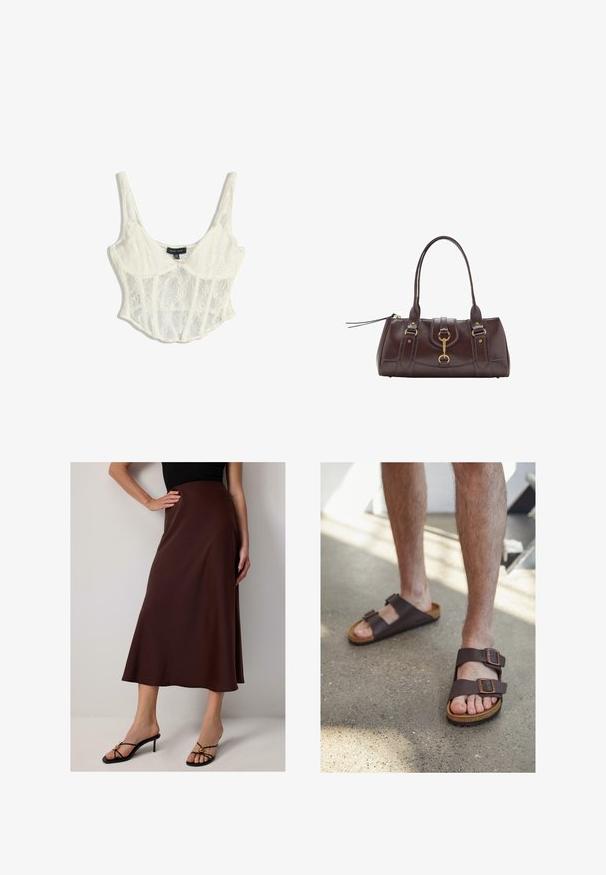Spitzen-Cropped-Corsage-Oberteil in Off-White mit verstellbaren Spaghettiträgern, das Blumenmuster und ein strukturiertes Design mit einem gewellten Saum aufweist.; Brauner, knielanger Satinrock mit ausgestellter Silhouette. Er hat eine glatte Textur und ein hoch geschnittenes Design, kombiniert mit schwarzen Absatzsandalen.; Braune Leder-Sandalen mit zwei verstellbaren Schnallen, Korkfußbett und strukturiertem Gummisohle, die barfuß auf einem Betonboden getragen werden.; Dunkelbraune Lederhandtasche mit zwei oberen Griffen, goldenen Hardware-Akzenten, einem Frontverschluss und gesteppten Texturen an den Seiten.