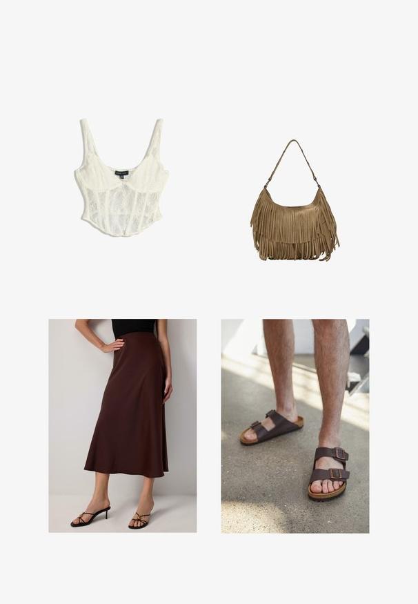 Kanten cropped korsett top in gebroken wit met verstelbare spaghettibandjes, met bloemenpatronen en een gestructureerd ontwerp met een scalloped rand.; Bruine, knielange satijnen rok met een vloeiende silhouet. Het heeft een gladde textuur en een hoge tailleontwerp, gecombineerd met zwarte hakken.; Bruine leren sandalen met twee verstelbare gespen, kurken voetbed en gestructureerde rubberen zool, gedragen op blote voeten op een betonnen vloer.; Bruine suède handtas met lange franjes, een gebogen vorm en een enkele schouderband. Heeft een gladde, gestructureerde oppervlakte.