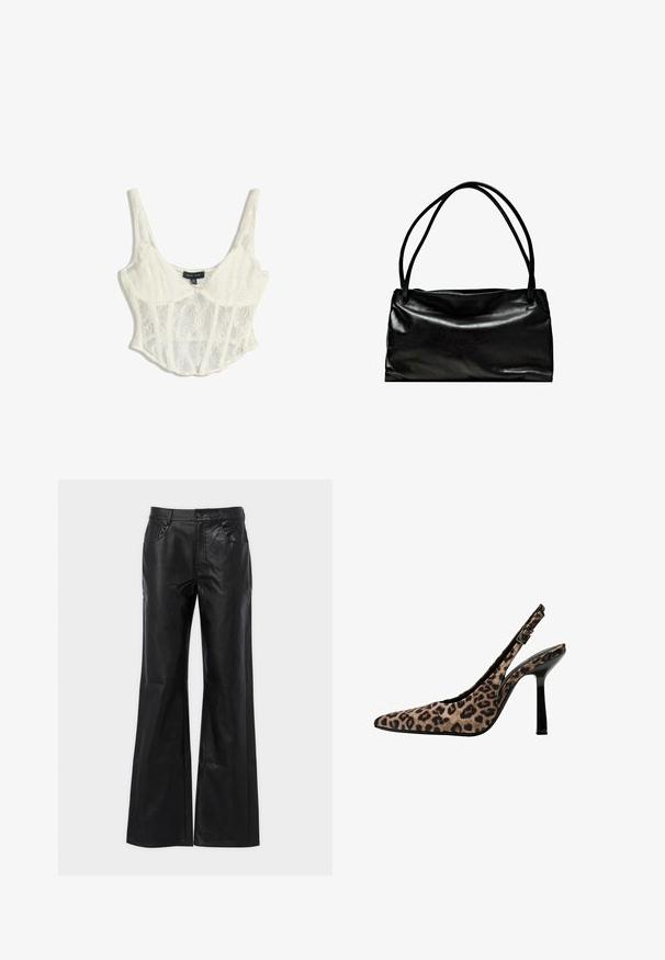 Top corset court en dentelle blanc cassé avec bretelles spaghetti ajustables, présentant des motifs floraux et un design structuré avec un bord festonné.; Pantalons évasés en cuir noir avec une texture lisse, fermeture à bouton en métal, et poches avant. Présente une taille haute et une silhouette ajustée.; Escarpins à bride arrière en imprimé léopard avec un bout pointu, des accents en vernis noir, un talon haut fin et une sangle réglable. Matériau synthétique.; Sac en cuir noir avec une texture lisse, de forme rectangulaire et deux longues poignées. Design simple sans matériel ou embellissements visibles.