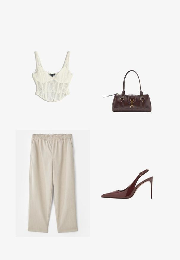 Lace cropped corsettopp i off-white med justerbara spaghettiband, med blommönster och en strukturerad design med scalloped kant.; Beige, lätta byxor i texturerat tyg. Har resårmidja och sidofickor, med rak ben design.; Mörkbrun patentläder slingback med spetsig tå och hög klack, utrustad med justerbar spänne och smal stilettklack.; Mörkbrun läderhandväska med två topphandtag, guldfärgade detaljer, ett framklämma och stickade texturer på sidorna.