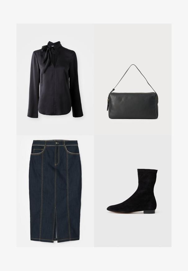 Čierna blúzka s dlhými rukávmi z hladkej látky, s výstrihom do V a viazaním na golieri. Má rovný strih a jemné švy.; Tmavomodrá džínová ceruzková sukňa so žltým prešívaním, predným rozparkem, piatimi vreckami a zapínaním na gombík v páse. Hladká textúra po celom povrchu.; Čierne semišové členkové topánky s priliehavým zvrškom, špicatou špičkou a nízkym blokovým opätkom. Hladká textúra a minimalistický dizajn, vhodné na všestranné kombinovanie.; Čierna kožená kabelka s štíhlym obdĺžnikovým tvarom, so zipsovým uzáverom a jedným ramenným popruhom. Má hladkú textúru a minimalistický dizajn.
