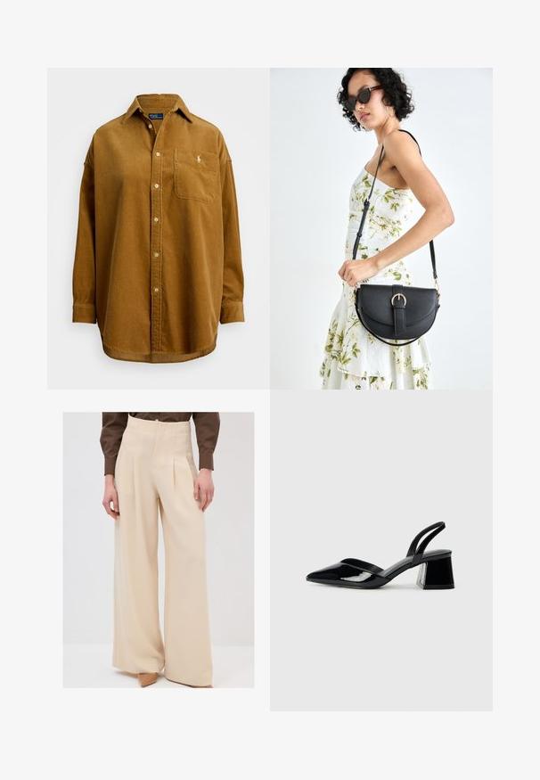 Hnědá manžestrová košile s límcem na knoflíček, přední kapsou a vyšitým logem. Obsahuje vertikální žebrování a dlouhé rukávy.; Béžové kalhoty širokého střihu s vysokým pasem, sklady vpředu a hladkým povrchem, doplněné světlými podpatky.; Černé lakované kožené lodičky na pásku s špičatou špičkou a geometrickým blokovým podpatkem. Vyznačují se elegantním, minimalistickým designem a hladkým povrchem.; Černá kožená kabelka s křivkovým tvarem, odnímatelným popruhem a zlatými detaily. Kabelka má klopu s přezkou.