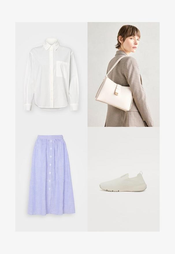 Hvid langærmet skjorte med knap-udfældet krave, frontknaplukning og venstre brystlomme. Fremstillet af glat stof med en afslappet pasform.; Lys blå og hvid stribet nederdel, mellemlang, med en samlet talje, knaplukning foran og subtil tekstur.; Hvide slip-on sneakers med en tekstureret overdel, elastisk krave og en polstret sål. Minimalistisk design uden synlige snørebånd.; Hvid læder håndtaske med en struktureret design, der har en magnetlukning og en skulderrem, præsenteret mod en neutral baggrund.