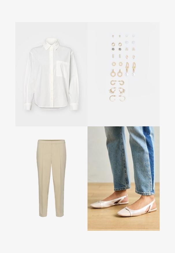Camicia bianca a manica lunga con colletto a punta, chiusura frontale con bottoni e taschino sul lato sinistro del petto. Realizzata in tessuto morbido con una vestibilità comoda.; Pantaloni beige su misura con gamba dritta, pieghe frontali e orlo risvoltato. Tessuto liscio e senza hardware o motivi visibili.; Ballerine slingback rosa pallido con punta affusolata, realizzate in un materiale simile alla pelle liscio. Presentano dettagli a taglio sui lati e un tacco piatto.; Set di orecchini in tonalità oro che presentano vari design, tra cui cerchi, orecchini a perno e pezzi pendenti con perle e strass.
