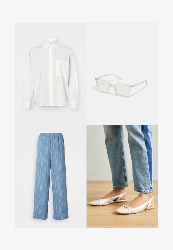 Bílá košile s dlouhým rukávem, se zapínáním na knoflíky na límci, předním knoflíkovým zapínáním a kapsou na levé hrudi. Vyrobena z hladkého materiálu s uvolněným střihem.; Světlé modré kalhoty s širokými nohavicemi vyrobené z texturované látky s jemným abstraktním potiskem. Mají elastický pás pro pohodlí.; Světle růžové slingback baleríny s špičatou špičkou, vyrobené z hladkého koženému materiálu. Obsahují vystřihovací detaily po stranách a plochý podpatek.; Průhledné plastové brýle čtvercového rámečku s průsvitnými čočkami, které mají zlaté akcenty na spáncích pro zvýraznění detailů.