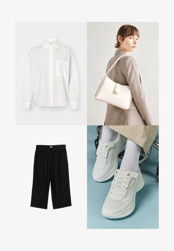 Balta ilgomis rankovėmis marškiniai su knopkuojama apykakle, priekiniais knopkuoja ir kairiajame krūtinės kišenėje. Pagaminta iš lygaus audinio su laisvu siluetu.; Juodos kulotų kelnės su elastingu juosmeniu, su šoninėmis kišenėmis ir sklandžiu, lengvu audiniu. Dizainas yra laisvas.; Baltos sportbačiai su tinklelio medžiaga, guminiais padais, be raištelių dizainu su elastinėmis juostelėmis ir auksinėmis detalėmis.; Balto odos rankinė su struktūrizuotu dizainu, turinti magnetinį užsegimą ir petnešą, demonstruojama prieš neutralią foną.