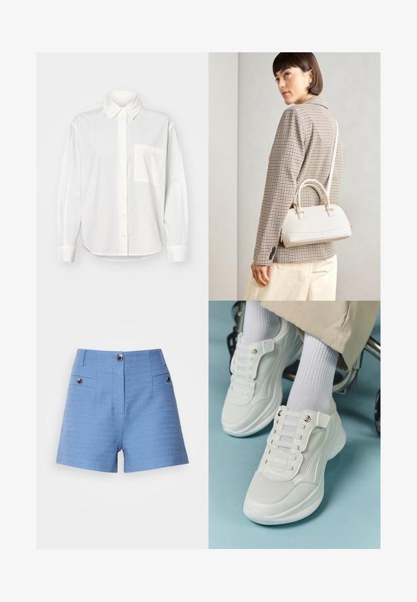 Bílá košile s dlouhým rukávem, se zapínáním na knoflíky na límci, předním knoflíkovým zapínáním a kapsou na levé hrudi. Vyrobena z hladkého materiálu s uvolněným střihem.; Modré pletené šortky s vysokým pasem, dvěma předními kapsami a dekorativními knoflíkovými detaily. Texturovaná tkanina s hladkým povrchem.; Bílé tenisky s materiálem z mešové tkaniny, gumovou podrážkou, bezšňůrovým designem s elastickými pásky a zlatými akcenty.; Bílá strukturovaná kabelka s krátkými uchy a ramenním popruhem, zdobená zlatými kovovými prvky a texturovaným materiálem, vystavená na šedém pozadí.