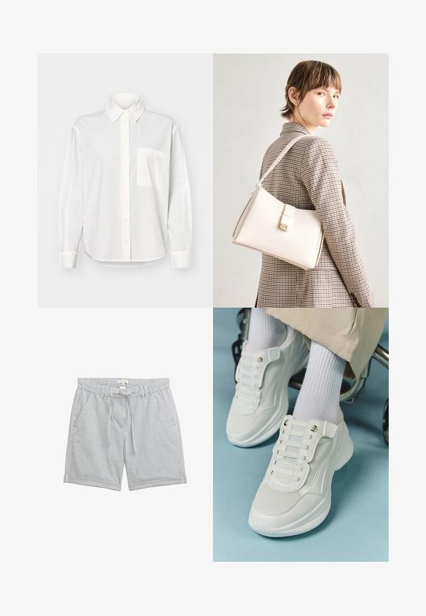 Vit långärmad skjorta med krage som knäpps, knappstängning fram och bröstficka till vänster. Tillverkad av mjukt tyg med en avslappnad passform.; Lätta bomullsshorts med vertikala blå och vita ränder. Funktioner ett elastiskt midjeband med dragsko och sidfickor. Hemsade benslut.; Vita sneakers med nätmaterial, gummisula, snörningsfri design med elastiska band och guldfärgade detaljer.; Vit läderhandväska med en strukturerad design, med en magnetknäppning och en axelrem, visad mot en neutral bakgrund.