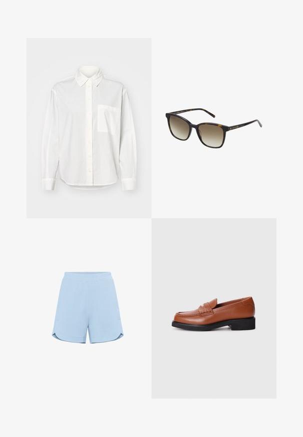 Valge pika varrukaga särk, millel on nööpidega kaelus, ees nööpide sulgemine ja vasakul rinnatasku. Valmistatud siledast kangast, millel on mugav lõige.; Heledad sinine lühikesed püksid pehmest kangast elastse vöökoha, küljetaskute ja nurkadega hemide ning mugava istuvuse jaoks. Sile tekstuur.; Pruunist nahast loafersid ruudukujulise varbaga, dekoratiivse õmblusega ja madala musta tallaga, esiküljel diskreetne logoaktsent.; Kilpkonnakoorega päikeseprillid ruudukujuliste raamidega, gradiendi läätsed ning kuldne brändingu aksent templil. Sujuv plastmaterjal.; Tumesinise kanvasest duffel-kott, millel on pronksist nahk rihmad, lukuga sulgemine ja väike punane logo esiküljel, millel on lai ja avar disain.