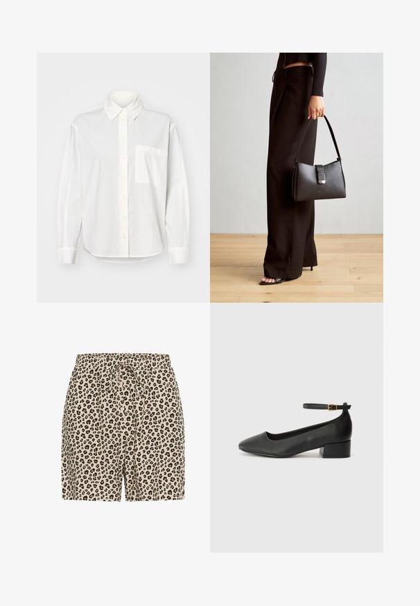 Bela srajca z dolgimi rokavi in gumbastim ovratnikom, sprednjim zapiranjem na gumbe in žepom na levi strani prsnega dela. Narejena iz gladkega materiala s sproščenim krojem.; Šorts s leopardjim vzorcem v bež barvi z črnimi in rjavimi madeži. Imajo elastičen pas z vrvico za prilagoditev. Lahkoten material.; Črne usnjene pumpice z nazobčanimi prsti in nizko blokasto peto. Imajo trak okoli gležnja z zaponko v zlatem tonu. Gladka tekstura.; Črna torbica z strukturirano obliko, gladko teksturo in kovinskim zaponko. Ujemajo se z širokimi črnimi hlačami in odprtimi sandali na lesenem tleh.