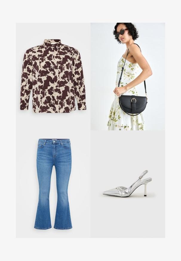 Chemise à motifs marron et crème, avec col et manches longues, dotée d'une fermeture à boutons et d'une texture de tissu lisse.; Jean flare en denim bleu clair, avec taille haute, cinq poches et fermeture à bouton classique. Texture lisse avec un léger dégradé.; Escarpin argenté à talon aigu, avec un bout pointu, une finition métallique, deux brides décoratives et un talon élancé avec un embout noir.; Sac à main en cuir noir avec une forme courbée, bandoulière amovible et des accessoires en or. Le sac est doté d'un rabat avec un détail de boucle.