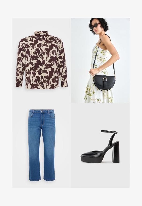 Camisa com padrão castanho e creme, de colarinho e mangas longas, com fecho de botão e textura de tecido suave.; Jeans de ganga azuis com um corte reto, apresentando um fecho de botão, design clássico de cinco bolsos e uma textura ligeiramente desbotada nas coxas.; Saltos altos pretos com bico fino e atilho ajustável no tornozelo. Confeccionados em couro suave, apresentam um salto bloco robusto.; Bolsa de couro preta com forma curva, alça destacável e detalhes em dourado. A bolsa possui uma aba com detalhe de fivela.