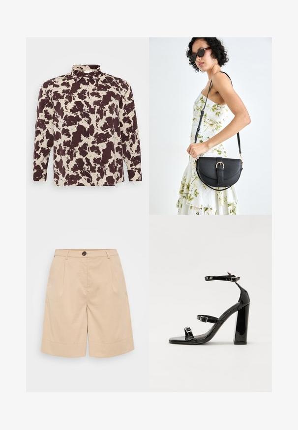 Ruskea ja kermanvärinen kuvioitu paita, kauluksellinen ja pitkähihaisilla hihoilla, varustettu nappikiinnityksellä ja sileällä kangasrakenteella.; Beige puuvillashortsit, joissa on sliipattu muotoilu, nappisuljenta, etupleatin ja käännetty helma lisäyksinä ja rakenteena.; Musta kiiltäväpintainen korkokengät, joissa on kaksi solkikiinnitystä, neliönmuotoinen kärki ja paksu korko, sileällä, kiiltävällä pintarakenteella.; Musta nahkainen käsilaukku, joka on kaareva muotoilultaan, irrotettavalla hihnalla ja kultaisilla yksityiskohdilla. Laukussa on läppä, jossa on solk yksityiskohta.