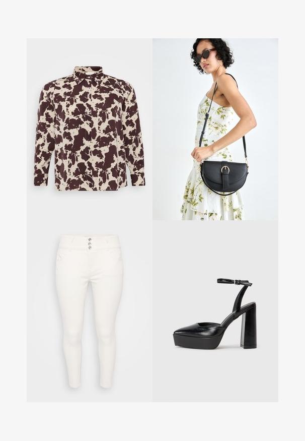 Brown and cream patterned shirt, collared with long sleeves, featuring button closure and a smooth fabric texture.; White skinny jeans made of denim, featuring a high waist, five-pocket design, and a three-button front closure. Smooth texture throughout.; Black platform heels with a pointed toe and adjustable ankle strap. Constructed from smooth leather, featuring a chunky block heel.; Black leather handbag with a curved shape, detachable strap, and gold hardware. The bag features a flap with a buckle detail.
