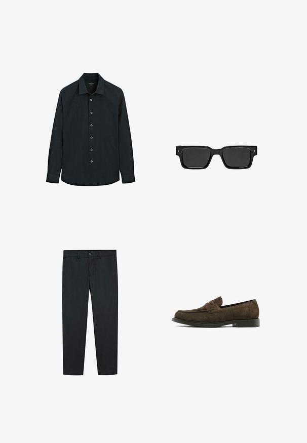 Schwarzes langärmliges Hemd mit Knopfverschluss und Kragen, sieben Knöpfe auf der Vorderseite und Manschetten, auf weißem Hintergrund präsentiert.; Schwarze Hosen mit geradem Bein Design, aus glattem Stoff gefertigt. Besitzt zwei Fronttaschen und einen Knopfverschluss in der Taille.; Dunkelbraune Wildleder-Lederpuschen mit runder Zehenform, gestickten Details und flacher Gummisohle. Verfügt über eine klassische Penny-Spange.; Schwarze rechteckige Sonnenbrille mit dunklen Gläsern, glänzendem Kunststoffrahmen und kleinen Signaturakzenten an den Bügeln. Flaches Profil und scharfe Ecken.