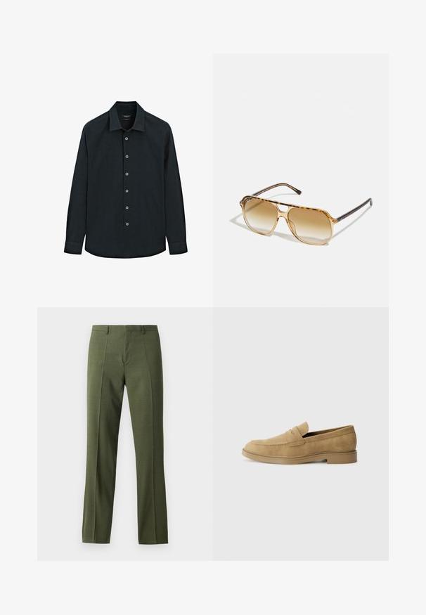 Camicia nera a maniche lunghe, con colletto, sette bottoni davanti e polsini, esposta su sfondo bianco.; Pantaloni su misura verde oliva con una texture liscia, taglio dritto e piega frontale, progettati per occasioni formali o semi-formali.; Mocassini in suede beige con punta rotonda, tacco basso a blocco e dettagli di cucitura sulla parte superiore. Texture liscia e design minimalista.; Occhiali da sole tartarugati con montatura rettangolare, lenti marroni sfumate e astine nere eleganti con accenti logotipo sottili.
