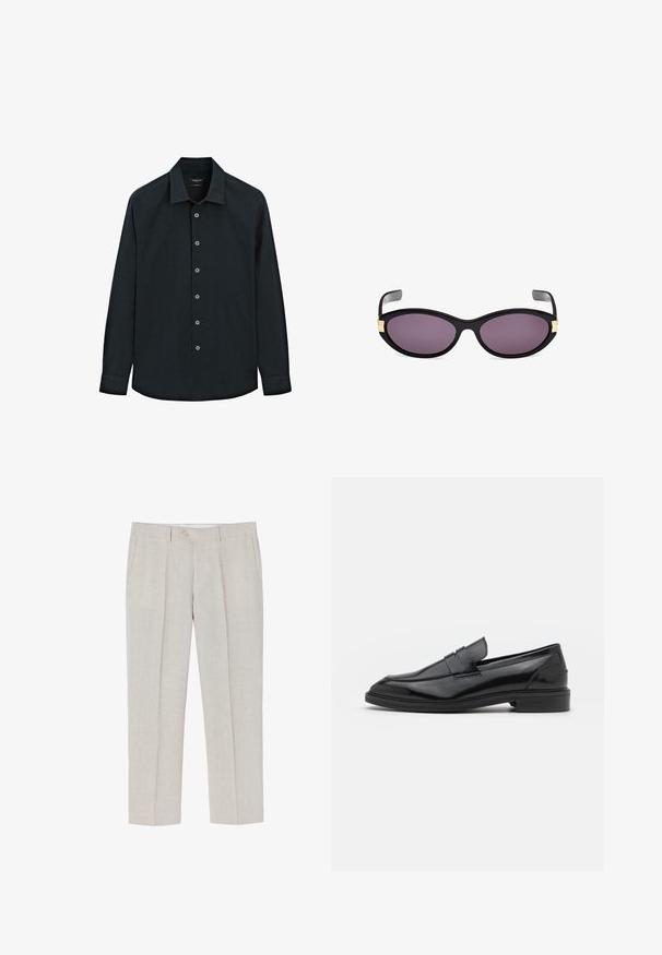 Black long-sleeve button-up shirt with collar, seven buttons down front, and cuffs, displayed on white background.; Light beige linen trousers featuring a straight leg, subtle texture, two front pockets, and a single button closure at the waist.; Black leather loafers with a smooth finish, featuring a rounded toe and a narrow band across the upper. Low stacked heel.; Black cat-eye sunglasses with purple lenses. Features gold accents near the temples. Smooth plastic frame with a glossy finish.; White pearl necklace with a uniform round shape, smooth surface, and metal clasp with an extension chain for adjustable length.