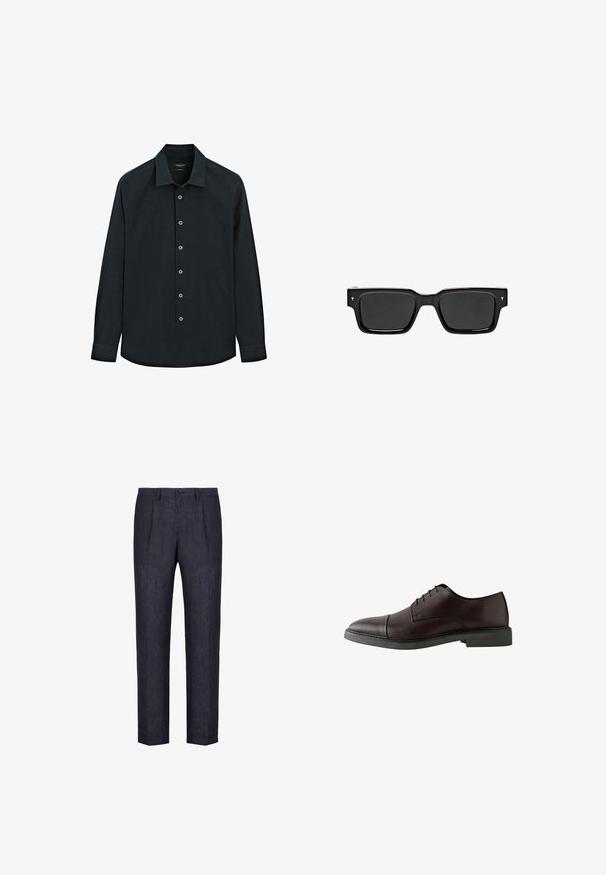 Svart långärmad skjorta med krage, sju knappar fram, och manschetter, visad på vit bakgrund.; Mörkblå linnebyxor med rak skärning, har en knappstängning och två framveck för extra struktur. Slät textur, minimal detaljering.; Mörk vinröd lädersko med snörning, rund tå, platt svart sula, minimal sömdetalj och slät yta.; Svarta rektangulära solglasögon med mörka linser, glänsande plastbåge och små signaturdetaljer på skaften. Platt profil och skarpa hörn.