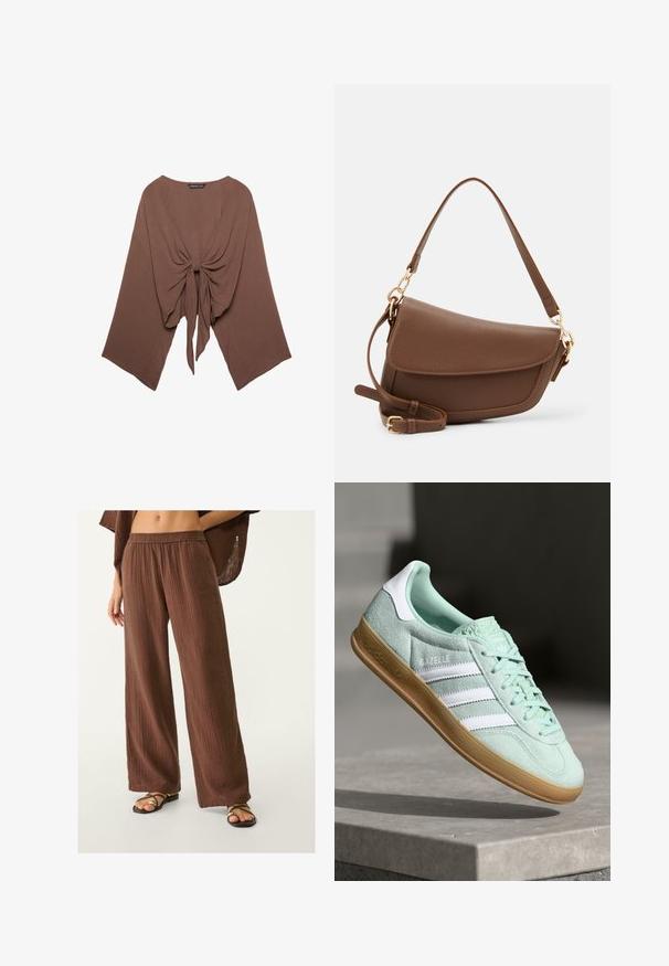 Bruine, lichte, gestructureerde top met een losse pasvorm, brede mouwen en een knoopdetail aan de voorkant, met een ronde halslijn en een gedrapeerd ontwerp.; Bruine wijde broek gemaakt van een textuurstof, met een elastische tailleband. Gecombineerd met platte, gespen sandalen.; Adidas Gazelle sneaker in muntgroen suede met witte accenten, vetersluiting en een gumrubberen zool. Voorzien van drie witte strepen.; Bruine leren schoudertas met een gestructureerde afwerking, gebogen vorm, hardware in goudkleur, verstelbare schouderband en klepafsluiting.