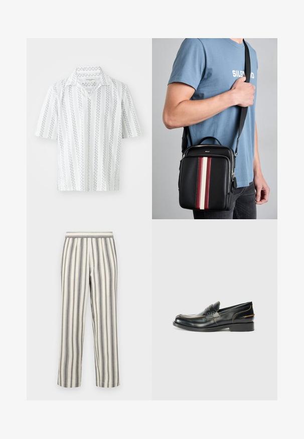 Kurzarmhemd aus weißem Stoff mit dünnen, navyblauen vertikalen Streifen und gepunkteten Mustern. Verfügt über einen klassischen Kragen und eine lockere Passform.; Gestreifte Hosen in einem hellen Creme-Ton mit dünnen grauen vertikalen Streifen. Sie besitzen einen elastischen Bund und einen geraden Schnitt.; Schwarze Lederloafer mit einem eleganten Design, das dezente Nähte und einen niedrigen Absatz aufweist, vor einem schlichten weißen Hintergrund präsentiert.; Schwarze Leder-Crossbody-Tasche mit vertikalen Streifen in Rot, Weiß und Beige. Verfügt über einen oberen Griff und einen verstellbaren Riemen. Zipper-Verschluss sichtbar.