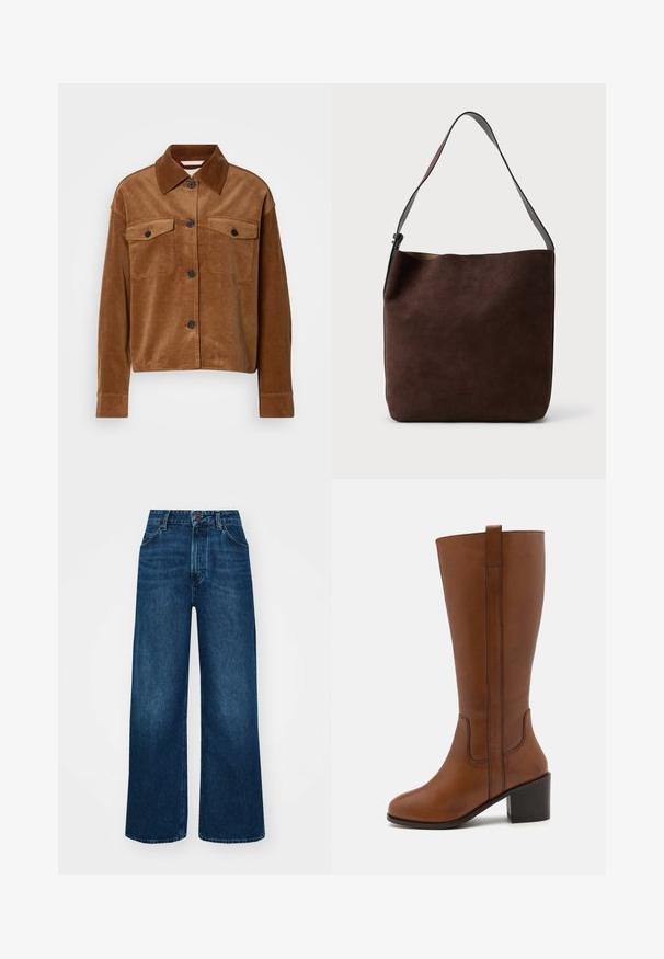 Brown corduroy jacket with button front, two chest flap pockets, long sleeves, and a pointed collar.; High-waisted, wide-leg jeans in dark blue denim with a smooth texture, contrast stitching, and five-pocket design. Front button closure.; Brown leather knee-high boot with a rounded toe, side stitching, and a block heel. Features a back pull tab for easy wear.; Brown suede shoulder bag with a smooth texture and a single adjustable strap; features a minimalist design and subtle branding on the front.