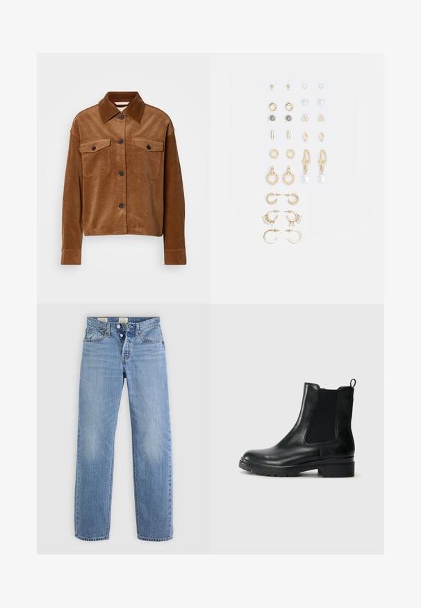 Rudas korduroy striukė su mygtukų užsegimu, dviem krūtinės kišenėmis su užklotais, ilgomis rankovėmis ir smailiu apykakle.; Šviesiai mėlyni džinsai su tiesaus kirpimo dizainu, metalinėmis sagomis, priekinėmis kišenėmis ir švelniais nušovimo akcentais visame audinyje.; Tamaris Klasikiniai aulinukai - black glam; Auksiniai auskarai su įvairiais dizainais, įskaitant studus, žiedus ir kabančius modelius su perlų ir kristalų akcentais.