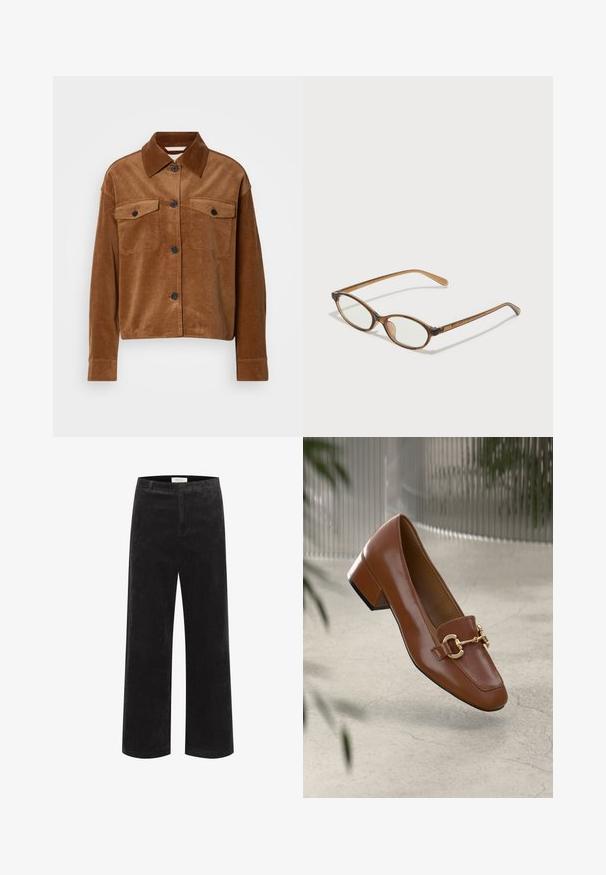 Rudas korduroy striukė su mygtukų užsegimu, dviem krūtinės kišenėmis su užklotais, ilgomis rankovėmis ir smailiu apykakle.; Juodos velveto plataus skersvato kelnės su vertikaliu raštu, struktūruotu liemeniu ir plokščiu priekiu. Audinys atrodo minkštas su šiek tiek blizgesio.; Rudi lakinės odos loafer'iai su kvadrato formos nosimi, metalinėmis grandinėlių detalėmis ir žemu blokiniu kulnu; sklandus tekstūra, minimalistinis dizainas.; Rudos aukso dėklai su ovaliais lęšiais, plonomis kojelėmis ir skaidriais akcentais. Ant šventyklos yra subtilus logotipas. Plonas, lengvas dizainas.