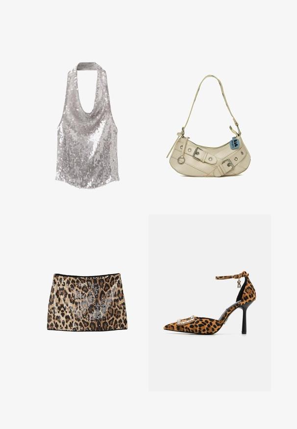 Top halter con paillettes argento, con scollatura profonda e design senza maniche.; Gonna mini in stampa leopardata con paillettes dorate e nere, design aderente e vita nera.; Scarpa con tacco alto a stampa leopardata, punta affusolata, texture in velluto, cinturino alla caviglia e fibbia con dettagli in cristallo. Tacco a spillo nero.; Borsa in pelle color crema con design curvo, dotata di accessori in argento, chiusura con zip e cinturini decorativi con anelli.