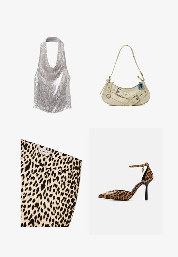 Srebrny top halter neck pokryty cekinami z głębokim dekoltem i bez rękawów.; Tkanina w panterkę w beżowo-czarnym kolorze. Charakteryzuje się gładką teksturą oraz prostym pasem z metką "OH APRIL."; Czółenka na wysokim obcasie w wzór z panterą, z ostrym noskiem, aksamitną teksturą, z paskiem na kostkę oraz z zapięciem ozdobionym kryształami. Czarne szpilki.; Kremowa skórzana torba o zaokrąglonym kształcie, z srebrnymi elementami, zamkiem błyskawicznym i dekoracyjnymi paskami z pierścieniami.