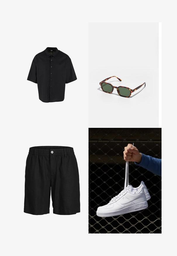 Czarna koszula z krótkim rękawem, wykonana z lekkiego materiału, z zapięciem na guziki z przodu i klasycznym kołnierzykiem, w luźnym, prostokątnym kroju.; Jack & Jones - Szorty; Białe skórzane sneakersy z perforacjami, okrągłym noskiem, płaską podeszwą i grubymi sznurówkami, z widocznym logo swoosh i napisem „AIR” na pięcie.; Okulary przeciwsłoneczne w kolorze żółwim z zielonymi soczewkami, o ośmiokątnym kształcie i cienkich, zakrzywionych ramionach. Materiał ma błyszczące wykończenie.