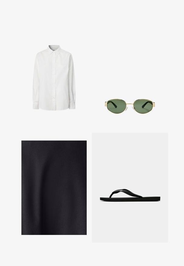 Weißes langärmliges Hemd mit Knopfverschluss aus Baumwolle, ausgestattet mit einem klassischen Kragen, einer Knopfleiste und einem leicht geschwungenen Saum.; Schwarzer Stoff mit einer glatten, matten Textur. Die Oberfläche hat einen leichten Glanz, der die feine Webart zur Geltung bringt, ohne sichtbare Muster oder Akzente.; Schwarze Gummi-Flip-Flop-Sandale mit einem strukturierten Riemen und einfacher flacher Sohle, von der Seite auf einem schlichten hellen Hintergrund dargestellt.; Sonnenbrille mit goldfarbenem Metallrahmen, grünen getönten Gläsern, ovaler Form, schwarzen Bügeln und klaren Nasenpads. Sauberes, minimalistisches Design.; Schwarze Lederhandtasche mit goldenen Hardware-Akzenten, ausgestattet mit einem charakteristischen Verschluss, einem abnehmbaren Schultergurt und einer strukturierten Oberfläche.
