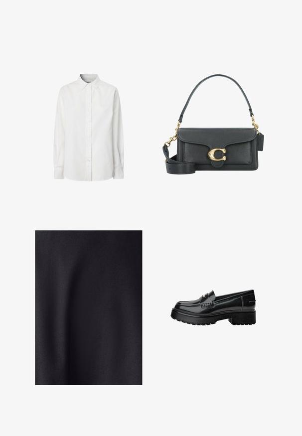 Biela dlhá košeľa s dlhým rukávom z bavlny, s klasickým golierom, zapínaním na gombíky a mierne zakriveným spodným okrajom.; Čierna tkanina s hladkou, matnou textúrou. Povrch má jemný lesk, ktorý vystihuje jemné tkanie a žiadne viditeľné vzory ani akcenty.; Čierne lakované kožené mokasíny s robustnou podrážkou, ozdobným pásikom a jemným prešívaním. Gumený povrch na spodnej časti.; Čierna kožená kabelka s akcentmi zlatého hardvéru, s podpisovým zapínaním, odnímateľným ramenným popruhom a štruktúrovaným povrchom.