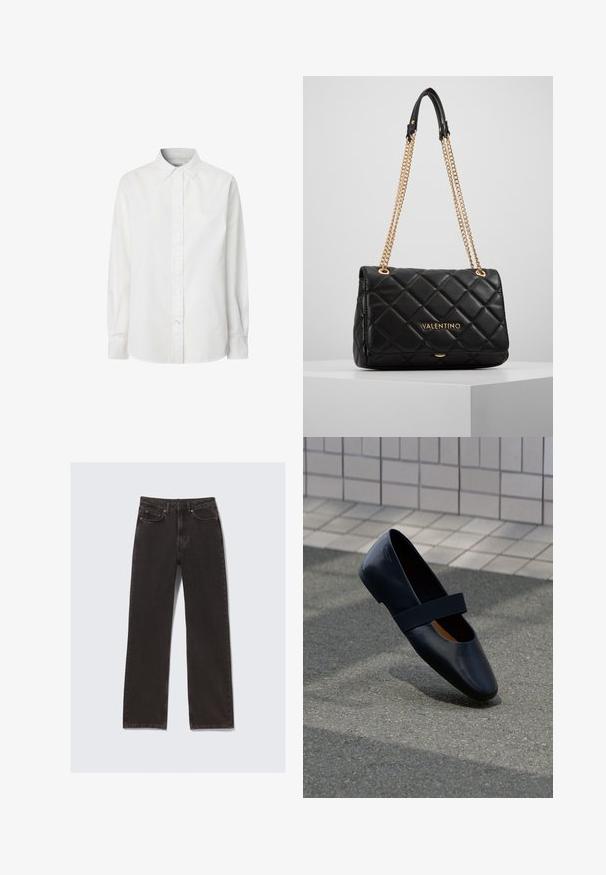 Balts garām piedurknēm pogājamais krekls, kas izgatavots no kokvilnas, ar klasisku apkakli, pogu rindu un nedaudz izliekts apakšmali.; Melni džinsi ar taisnu griezumu, iegūti ar priekšējiem kabatām, jostas cilpiņām un smalkām izšuvuma detaļām. Ražoti no izturīga kokvilnas materiāla.; Melna ādas plakanā kurpe ar noapaļotu purngalu, kurai pa vidu ir maiga melna elastīga siksna. Gluda tekstūra un minimālistisks dizains.; Melnas izšūtas ādas rokassoma ar zelta ķēdes siksnu un logotipa detaļu. Taisnstūra forma, gluda tekstūra, ar vāciņa aizdari.