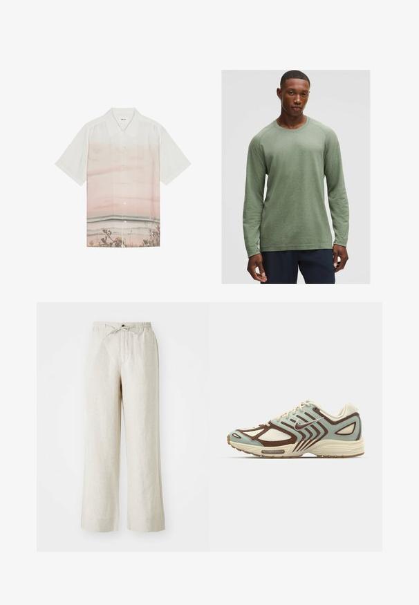 Korte mouwen blouse van witte stof met een gradient design in zachte roze tinten en een print van een strandscène onderaan. Knopen-sluiting.; Langsleeve shirt in gedempt groen met een textuurpatroon, ronde halslijn en raglanmouwen, gemaakt van zachte, lichte stof.; Linnen broek in een lichtbeige kleur, met een losse fit, elastische tailleband met touwtjes en zijzakken voor extra gemak.; Lichtblauwe en bruine sneaker met een gestructureerd mesh bovenwerk, gelaagd ontwerp, reflecterende accenten en een gevoerde crèmekleurige tussenzool.