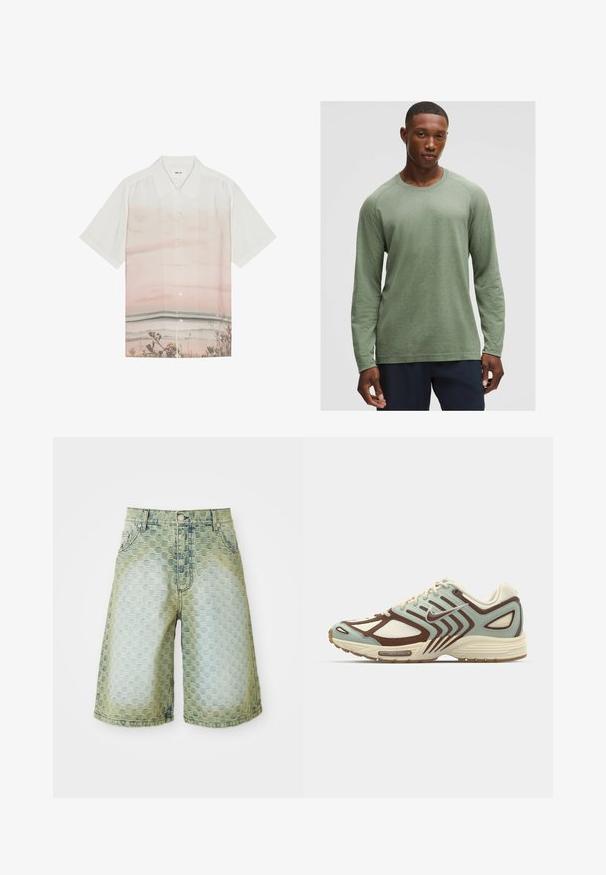 Korte ærmede skjorte i hvidt stof med en gradientdesign i lyserøde nuancer og et strandmotiv nederst. Knaplukning.; Langærmet skjorte i afdæmpet grøn med et struktureret mønster, rund halsudskæring og raglanærmer, lavet af blødt, letvægtsstof.; Denim shorts med en tekstureret mønster, lyseblå til grøn gradient, klassisk fem-lomme design og metal knaplukning.; Lyseblå og brun sneaker med et tekstureret netoverdel, lagdelt design, reflekterende detaljer og en polstret crème mellemsål.