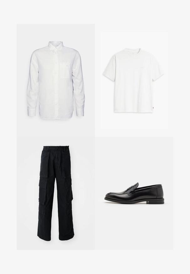 Witte longsleeve shirt van katoen, met een button-down kraag, een voorzak en een regular fit. Textuurstof met een gladde oppervlakte.; Witte katoenen T-shirt met korte mouwen, ronde hals en subtiele Levi's logo gedrukt in het midden. Zachte textuur en standaard pasvorm.; Zwarte wijde cargobroek met elastische tailleband, knoopsluiting, grote voor- en zijflapzakken, weergegeven op een witte achtergrond.; Zwarte leren instappers met een gladde textuur, ronde neus en een decoratieve band over de wreef. Lage, gestapelde hak en minimalistisch ontwerp.
