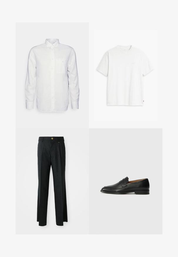 Long-sleeve white shirt made of cotton, featuring a button-down collar, front pocket, and regular fit. Textured fabric with a smooth surface.; White cotton t-shirt with short sleeves, round neckline, and a subtle "Levi's" logo printed in light color on the front.; Dark gray trousers with a flat front and pleats, featuring a golden button and zipper closure, made from a textured wool blend fabric.; Black leather loafer with a rounded toe, subtle stitched detailing, and a low heel, featuring a smooth texture and minimalist design.